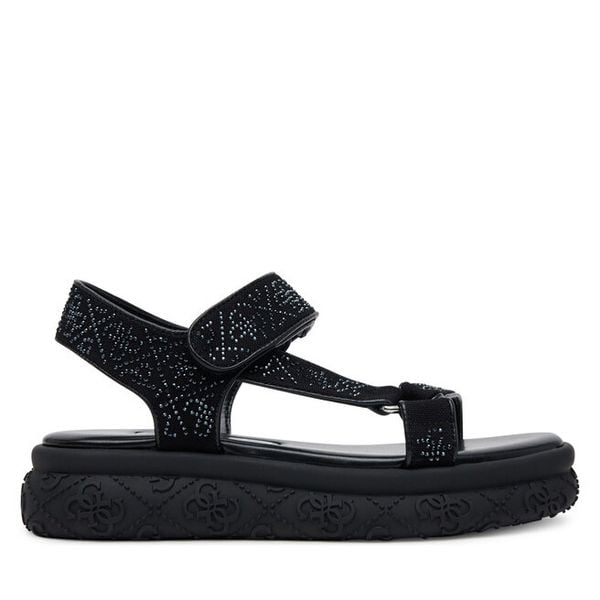 Sandały Guess. Czarne sandały damskie Guess, z aplikacjami, bez obcasa, na płaskiej podeszwie, bez zapięcia. Za 319.99 zł.