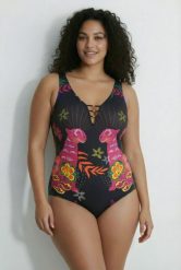 Damskie Strój kąpielowy koty bez miękkich miseczek okrągły dekolt. Czarne kostiumy jednoczęściowe damskie Ulla Popken, plus size, bez wzorów, z elastanu, sportowe, plus size, do pływania. Za 159.99 zł.