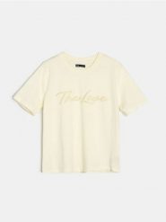 Bawełniana koszulka z ażurowym napisem - żółty. Żółte t-shirty damskie Sinsay, l, w ażurowe wzory, z bawełny, bez kołnierzyka. Za 25.99 zł.