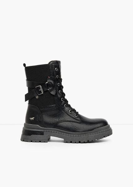 Botki sznurowane Mustang z klamrami. Czarne botki damskie bonprix, bez obcasa, bez zapięcia. Za 229.99 zł.