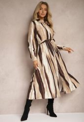 Brązowa Koszulowa Sukienka w Abstrakcyjne Paski o Długim Kroju z Gumką i Paskiem w Talii Nerithal. Brązowe sukienki damskie Renee, na co dzień, l, bez wzorów, eleganckie, bez kołnierzyka, bez ramiączek, maxi, koszulowe. Za 119.99 zł.