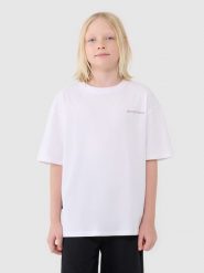 4F T-shirt oversize z napisem chłopięcy - biały 140 (9-10 lat). Białe t-shirty dla chłopców 4f, bez wzorów, z bawełny, bez ramiączek. W wyprzedaży za 19.99 zł.