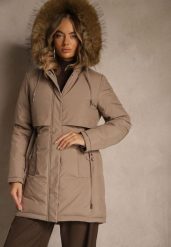 Ciemnobeżowa Klasyczna Kurtka Parka z Kapturem z Futrem Nalisava. Brązowe parki damskie Renee, l, bez wzorów, z dzianiny, klasyczne, z kapturem. Za 319.99 zł.