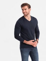 Męski longsleeve bez nadruku z dekoltem w serek - granatowy V5 - Rozmiar: S. Niebieskie bluzki z długim rękawem męskie Ombre Clothing, m, bez wzorów, z bawełny, eleganckie, bez kołnierzyka. W wyprzedaży za 79.99 zł.