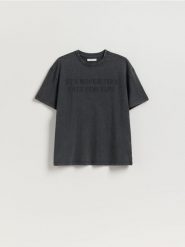T-shirt oversize z nadrukiem - ciemnoszary. Szare t-shirty damskie Reserved, l, bez wzorów, z bawełny, bez kołnierzyka. Za 59.99 zł.