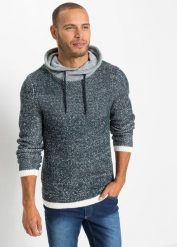 Sweter z szalowym kołnierzem. Niebieskie swetry przez głowę męskie bonprix, l, bez wzorów, bez kołnierzyka. Za 149.99 zł.