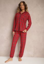 Czerwony Komplet Piżamowy z Bawełny w Kratę Koszula i Spodnie Rolsemi. Czerwone koszule nocne damskie Renee, xl, bez wzorów, z bawełny, długie. Za 54.99 zł.