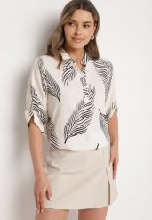 Jasnobeżowa Koszula z Bawełną we Wzór Liści Lumavaie. Brązowe bluzki damskie Born2be, l, bez wzorów, z bawełny, eleganckie, bez kołnierzyka, bez ramiączek. Za 54.99 zł.