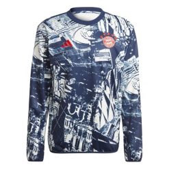 Bluza przedmeczowa Bayern Munich. Białe bluzy męskie Adidas, bez wzorów, bez kaptura, do piłki nożnej. W wyprzedaży za 404.00 zł.