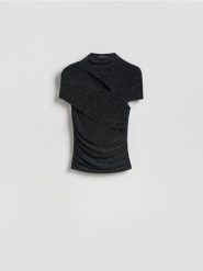 T-shirt z metalicznym efektem - czarny. Czarne t-shirty damskie Reserved, l, bez wzorów, z dzianiny, bez kołnierzyka. Za 79.99 zł.