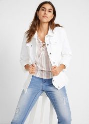 Kurtka jeansowa. Białe płaszcze damskie bonprix, bez wzorów, z jeansu, bez kaptura. Za 169.99 zł.