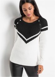 Sweter z guzikami. Czarne swetry damskie bonprix, bez wzorów, bez kołnierzyka, bez ramiączek, bez kaptura. Za 112.99 zł.