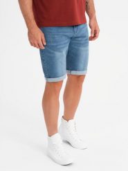 Jeansowe szorty męskie z podwiniętą nogawką - niebieskie V2 OM-SRDS-0164 XL. Niebieskie krótkie spodenki sportowe męskie Ombre, m, bez wzorów, z jeansu. Za 317.70 zł.