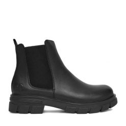 Sztyblety Rieker. Czarne botki damskie Rieker, bez obcasa, na płaskiej podeszwie, bez zapięcia. Za 359.99 zł.