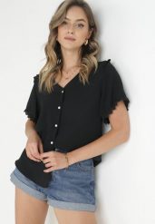 Czarna Koszula z Koronką i Trójkątnym Dekoltem Kieratia. Czarne bluzki damskie Born2be, l, bez wzorów, z koronki, bez kołnierzyka, bez ramiączek. Za 69.99 zł.