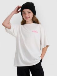 4F T-shirt oversize z nadrukiem dziewczęcy - biały 122 (6-7 lat). Białe t-shirty i topy dla dziewczynek 4f, bez wzorów, ze skóry, bez ramiączek. W wyprzedaży za 39.99 zł.
