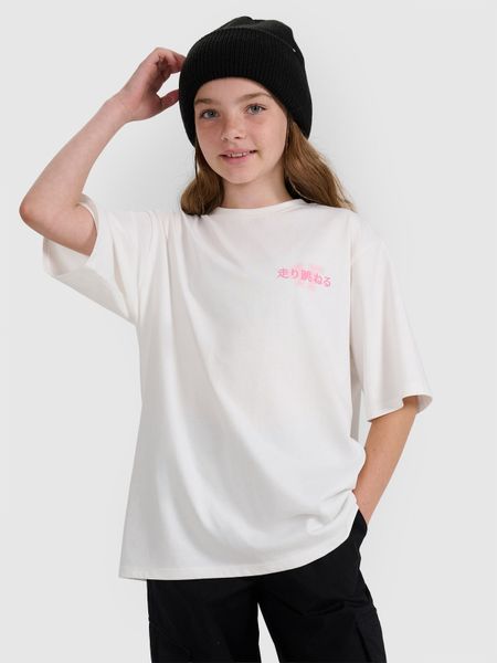 4F T-shirt oversize z nadrukiem dziewczęcy - biały 128 (7-8 lat). Białe t-shirty i topy dla dziewczynek 4f, bez wzorów, ze skóry, bez ramiączek. W wyprzedaży za 39.99 zł.