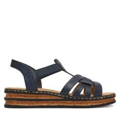 Sandały Rieker. Niebieskie sandały damskie Rieker, bez wzorów, bez obcasa, na koturnie, bez zapięcia. Za 299.99 zł.