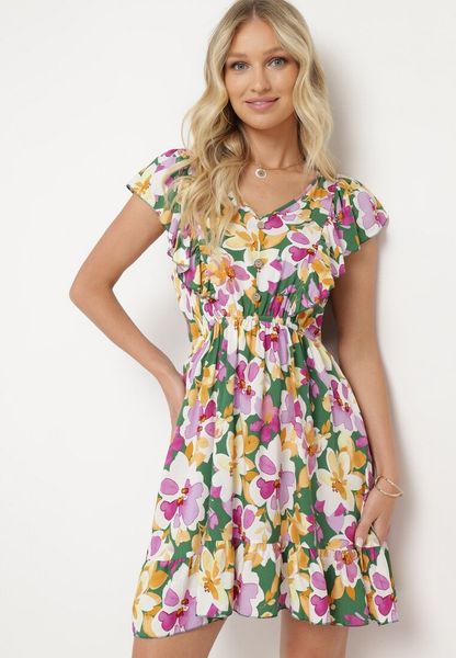 Zielono-Różowa Rozkloszowana Sukienka z Bawełny w Kwiaty z Gumką w Talii z Falbankami Nelsara. Zielone sukienki damskie Born2be, na co dzień, na lato, l, bez wzorów, z bawełny, bez kołnierzyka, bez ramiączek, mini, rozkloszowane. Za 49.99 zł.