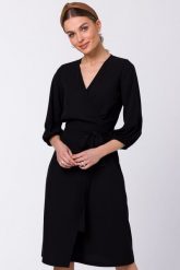 Sukienka elegancka kopertowa z bufiastymi rękawami czarna. Czarne sukienki damskie Sukienki.shop, do pracy, m, bez wzorów, biznesowe, bez kołnierzyka, bez ramiączek, kopertowe. W wyprzedaży za 244.00 zł.