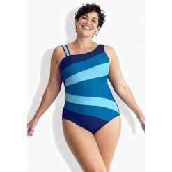 Damskie Strój kąpielowy szerokie kolorowe pasy miękkie miseczki okrągły dekolt. Niebieskie kostiumy jednoczęściowe damskie Ulla Popken, plus size, bez wzorów, z elastanu, sportowe, plus size. Za 239.99 zł.