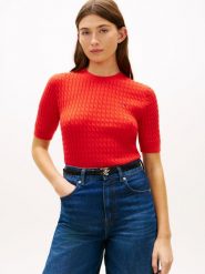 Tommy Hilfiger koszulka z dzianiny Kobiety Bawełna czerwony, L. Czerwone koszulki sportowe damskie Tommy Hilfiger, l, bez wzorów, z bawełny, bez kołnierzyka, bez ramiączek. Za 329.95 zł.