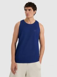 4F Tank top regular gładki męski - granatowy S. Niebieskie koszulki sportowe męskie 4f, m, bez wzorów, z bawełny, bez kołnierzyka, bez ramiączek. Za 49.99 zł.