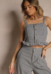 Czarna Bluzka Top w Kratę z Guzikami i Falbanką Falionna. Czarne bluzki damskie Renee, na lato, l, bez wzorów, z jeansu, eleganckie, bez kołnierzyka, bez ramiączek. Za 39.99 zł.