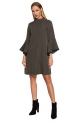 Elegancka sukienka trapezowa z bufiastymi rękawami z falbanami khaki. Brązowe sukienki damskie MOE, xl, bez wzorów, eleganckie, bez kołnierzyka, bez ramiączek, trapezowe. Za 259.00 zł.
