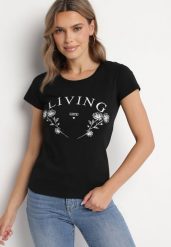 Czarny Bawełniany T-shirt z Napisem Living i Nadrukiem Commea. Czarne bluzki damskie Born2be, l, bez wzorów, z bawełny, eleganckie, bez kołnierzyka. Za 34.99 zł.