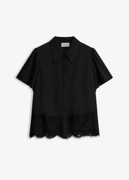 Bluzka z koronką. Czarne bluzki damskie bonprix, bez wzorów, z koronki, bez kołnierzyka, bez ramiączek. Za 124.99 zł.
