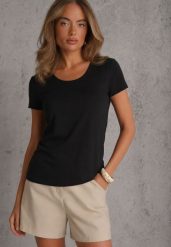 Czarny T-shirt Basic z Bawełny o Klasycznym Prostym Kroju z Zaokrąglonym Dekoltem Setho. Czarne bluzki damskie Renee, l, bez wzorów, z bawełny, eleganckie, bez kołnierzyka. Za 29.99 zł.