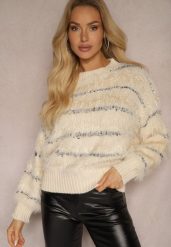Beżowy Sweter z Wiskozą o Fakturze Imitacji Piór w Paski Nerisara. Brązowe swetry damskie Renee, l, bez wzorów, z wiskozy, biznesowe, bez kołnierzyka, bez ramiączek, bez kaptura. Za 84.99 zł.