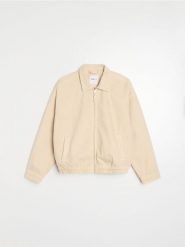 Jeansowa kurtka bomberka z kołnierzykiem - beżowy. Brązowe kurtki damskie Sinsay, l, bez wzorów, z jeansu, bez kaptura. Za 89.99 zł.