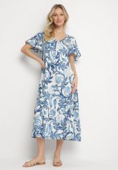 Niebieska Pudełkowa Sukienka z Wiskozy w Kwiaty z Dekoltem w Serek Inisara. Niebieskie sukienki damskie Born2be, na co dzień, l, bez wzorów, z jeansu, eleganckie, bez kołnierzyka, bez ramiączek, midi. Za 74.99 zł.