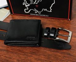 Zestaw męski skórzany premium Beltimore portfel pasek klasyczny U32 : Kolory - czarny, Rozmiar pasków - r.115-130 cm. Czarne paski damskie bez wzorów. Za 114.90 zł.