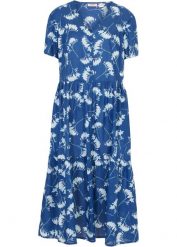 Sukienka tunikowa midi. Niebieskie sukienki damskie bonprix, bez wzorów, bez kołnierzyka, bez ramiączek, midi. Za 122.99 zł.