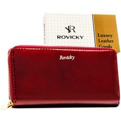 Czerwony portfel-piórnik damski z lakierowanej skóry naturalnej wyposażony w system RFID - Rovicky. Czerwone portfele damskie ROVICKY, bez wzorów, ze skóry. Za 99.99 zł.