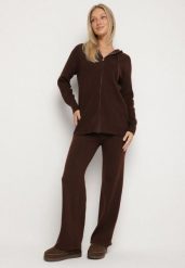 Brązowy Komplet Dzianinowy z Wełną Bluza z Kapturem i Szerokie Spodnie Otisela. Brązowe spodnie materiałowe damskie Born2be, bez wzorów, z dzianiny. Za 139.99 zł.