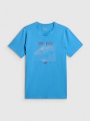 4F T-shirt regular z nadrukiem męski - niebieski S. Niebieskie koszulki sportowe męskie 4f, m, bez wzorów, z materiału, bez kołnierzyka, bez ramiączek, na fitness i siłownię. Za 69.99 zł.