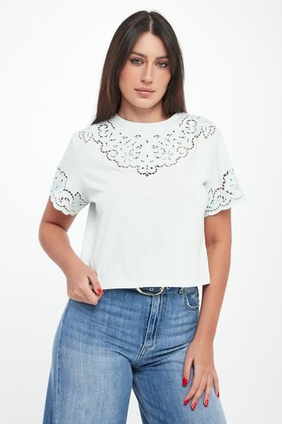 T-shirt damski ażurowy TWINSET. T-shirty damskie Twinset Milano, l, w ażurowe wzory, bez kołnierzyka. W wyprzedaży za 519.20 zł.