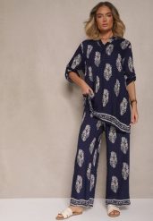 Granatowy Komplet Oversize w Stylu Rustykalnym Długa Koszula i Szerokie Spodnie Mepilara. Niebieskie koszule damskie Renee, m, bez wzorów. Za 89.99 zł.