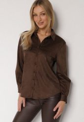 Brązowa Koszula z Imitacji Zamszu Ozdobiona Klapami Retarna. Brązowe bluzki damskie Born2be, m, bez wzorów, z jeansu, eleganckie, bez kołnierzyka, bez ramiączek. Za 129.99 zł.