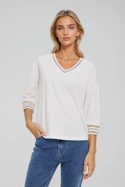 Bawełniana bluza z dekoltem w serek biała. Białe bluzki damskie MOODO, l, bez wzorów, z bawełny, bez kaptura. Za 79.99 zł.