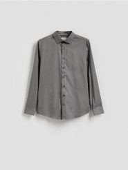 Koszula slim fit z drobnym wzorem - szary. Szare koszule męskie Reserved, l, bez wzorów, z bawełny, bez kołnierzyka, bez ramiączek. Za 139.99 zł.