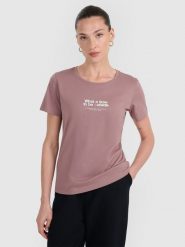 4F T-shirt regular z nadrukiem damski - brązowy L. Brązowe t-shirty damskie 4f, l, bez wzorów, z bawełny, bez kołnierzyka. Za 59.99 zł.