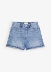 Szorty dżinsowe high waist, low stretch. Niebieskie szorty damskie bonprix, bez wzorów, z denimu, z podwyższonym stanem. Za 112.99 zł.