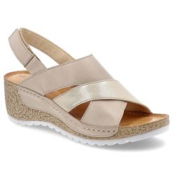 Sandały damskie Wasak, eleganckie skórzane na koturnie na rzepy wygodne, beżowo-złote, 493. Brązowe sandały damskie Wasak, bez wzorów, bez obcasa, na koturnie, bez zapięcia. Za 219.00 zł.