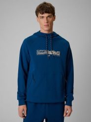 4F Bluza dresowa regular z kapturem męska - granatowa XL. Niebieskie bluzy męskie 4f, m, bez wzorów, z dresówki, z kapturem, na fitness i siłownię. Za 179.99 zł.