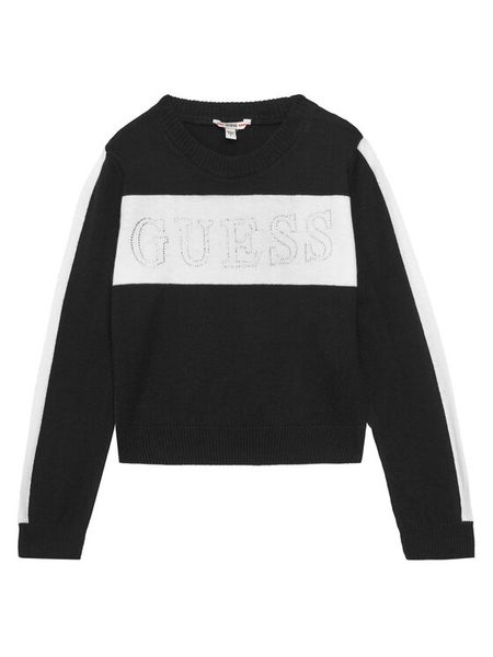 Guess Sweter J5YR00 Z3GW0 Czarny Regular Fit. Czarne swetry dla dziewczynek Guess, z aplikacjami, z bawełny, bez kołnierzyka, bez ramiączek, bez kaptura. Za 129.99 zł.